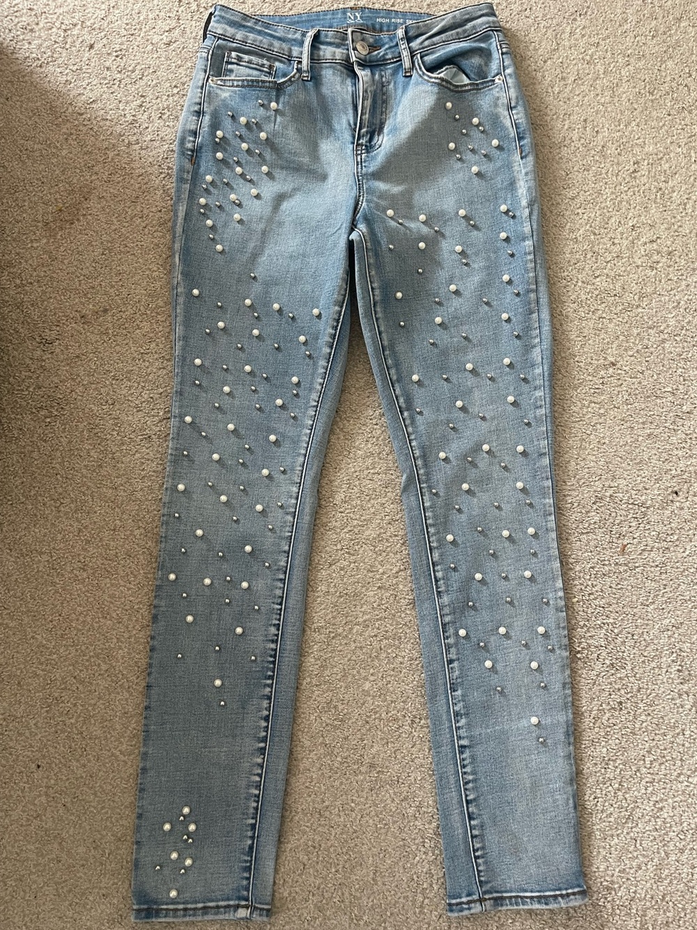 New York & Company Light Blue Pearl-Accent Skinny Jeans